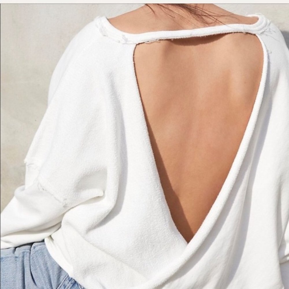 Free People White Crewneck Pullover with Open Back and Twist Detail